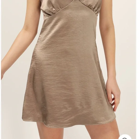 storets Satin Slip Mini Dress in Taupe/Brown silky quite luxury boho festival - Picture 10 of 11